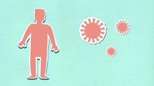 Cartoon drawing of a person next to viruses.