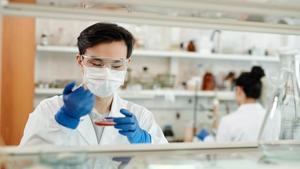 Lab worker drawing blood from a dish.