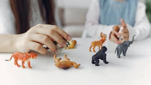 A mother and daughter playing with toy animals.