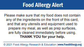 Back of allergy chef card.