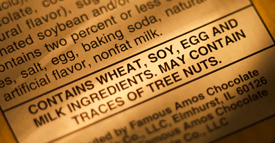 Close-up of allergen label on a food product.